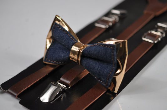 Navy Blue Denim and Rose Gold Faux Leather Bow Tie + Brown Faux Leather Suspenders Braces for Men / Youth Teenage / Boy Kids / Baby Toddler