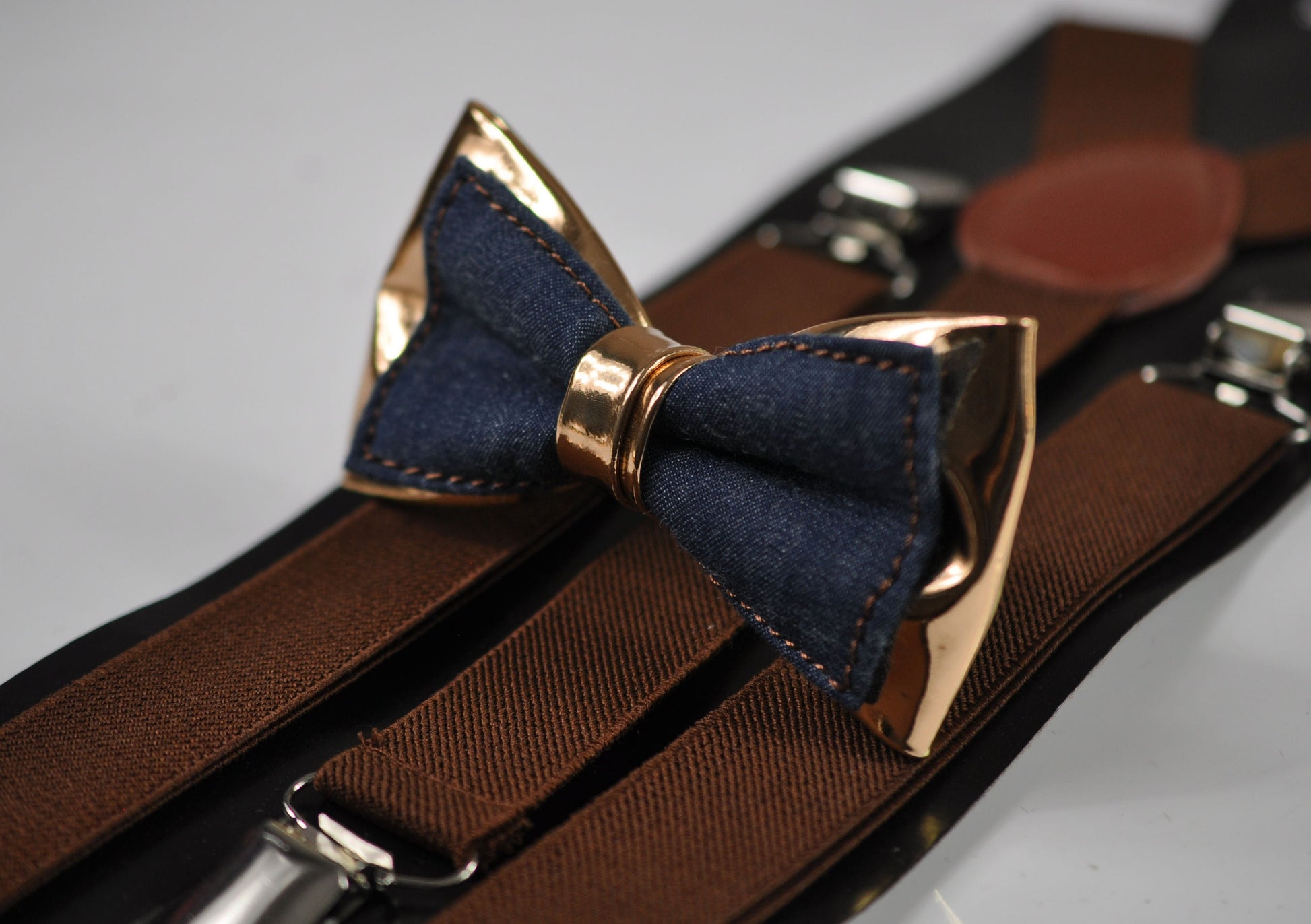 Navy Blue Denim and Rose Gold Faux Leather Bow Tie + Brown Elastic Suspenders Braces for Men / Teenage / Boy Kids / Baby Infant Toddler