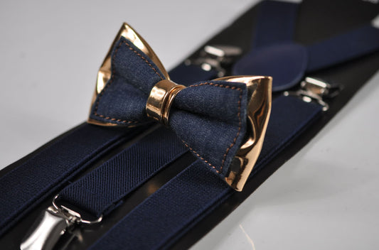 Navy Blue Denim Rose Gold Faux Leather Bow Tie + Navy Blue Elastic Suspenders Braces for Men / Teenage / Boy Kids / Baby Infant Toddler