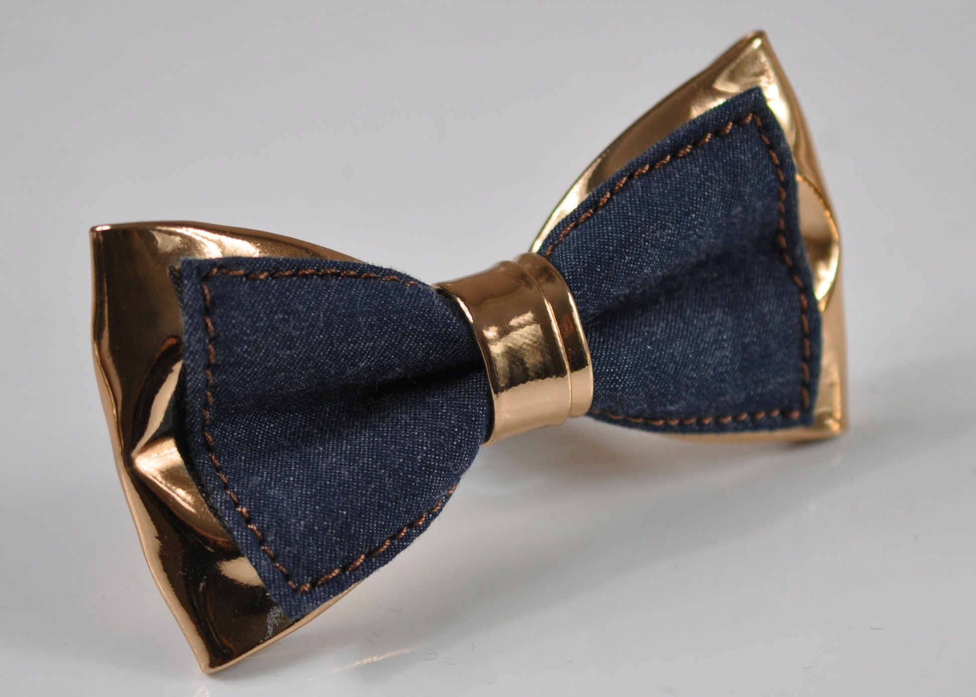 Navy Blue Denim Rose Gold Faux Leather Bow Tie + Navy Blue Elastic Suspenders Braces for Men / Teenage / Boy Kids / Baby Infant Toddler