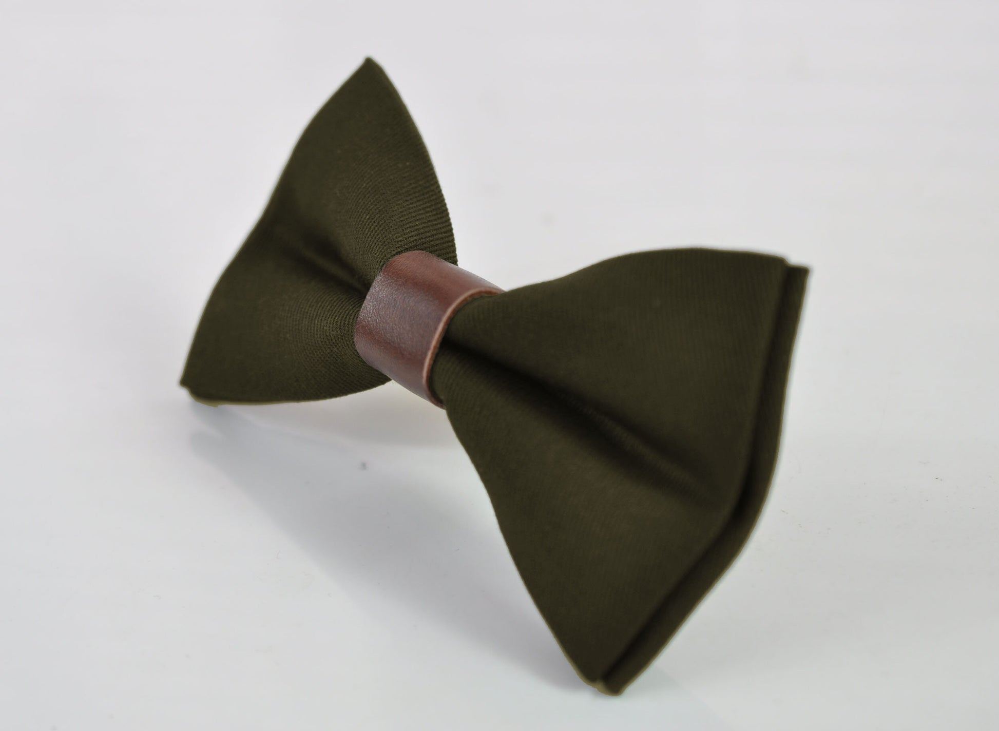 Olive Green Amy Green Cotton Brown Faux Leather Bow Tie + Brown Faux Leather Skinny Suspenders Braces For Youth / Boy Kids / Baby infant