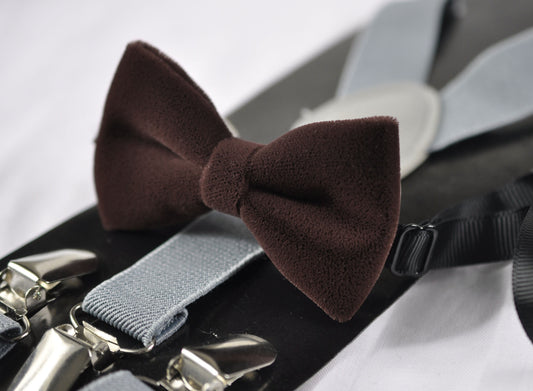 Dark Brown Velvet Bow tie + Light Grey Gray Elastic Suspenders Braces for baby infant toddler / Boy Kids / Youth Teenage / Men Adult