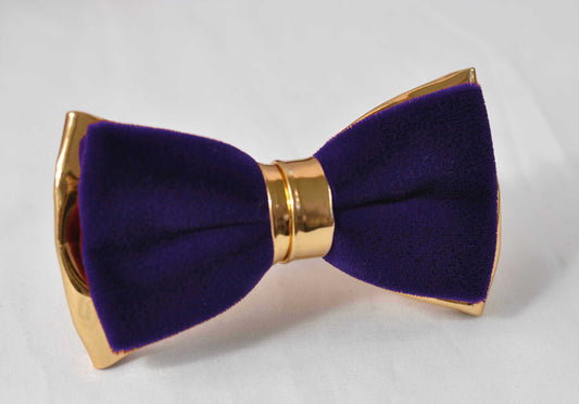 Violet Purple Blue Velvet + Gold Faux Leather Pre tied Bow tie Bowtie for Men Adult / Youth Teenage / Kids Boy / Baby Infant Toddler