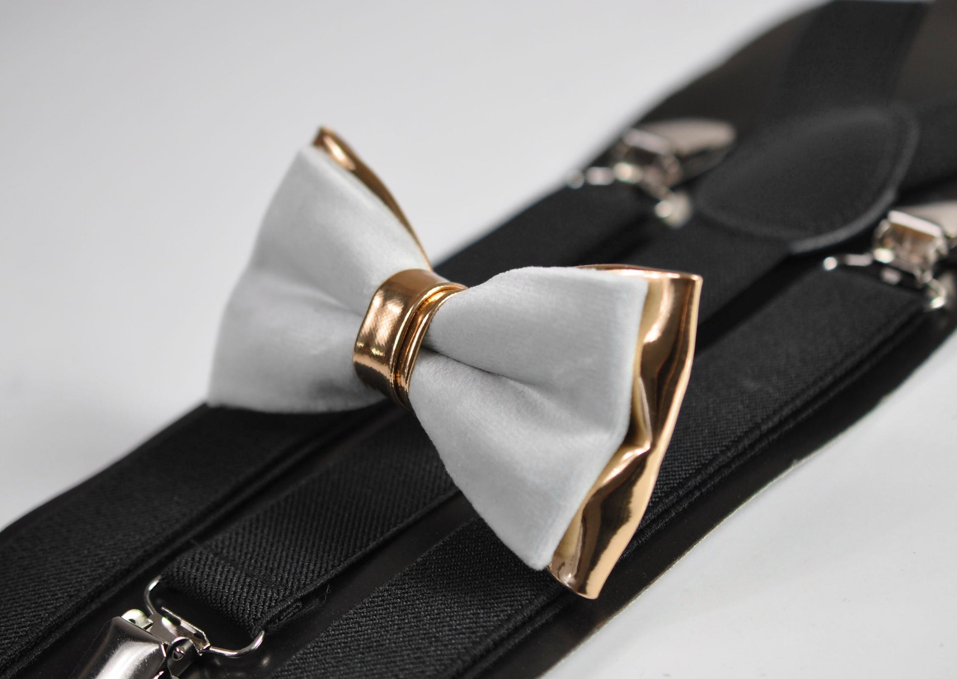 Silver Grey Velvet and Rose Gold Faux Leather Bow Tie + Black Elastic Suspenders Braces for Men / Youth / Boy Kids / Baby Infant Toddler