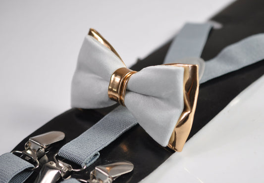 Silver Grey Velvet Rose Gold Faux Leather Bow Tie + Light Grey Elastic Suspenders Braces for Men / Youth / Boy Kids / Baby Infant Toddler