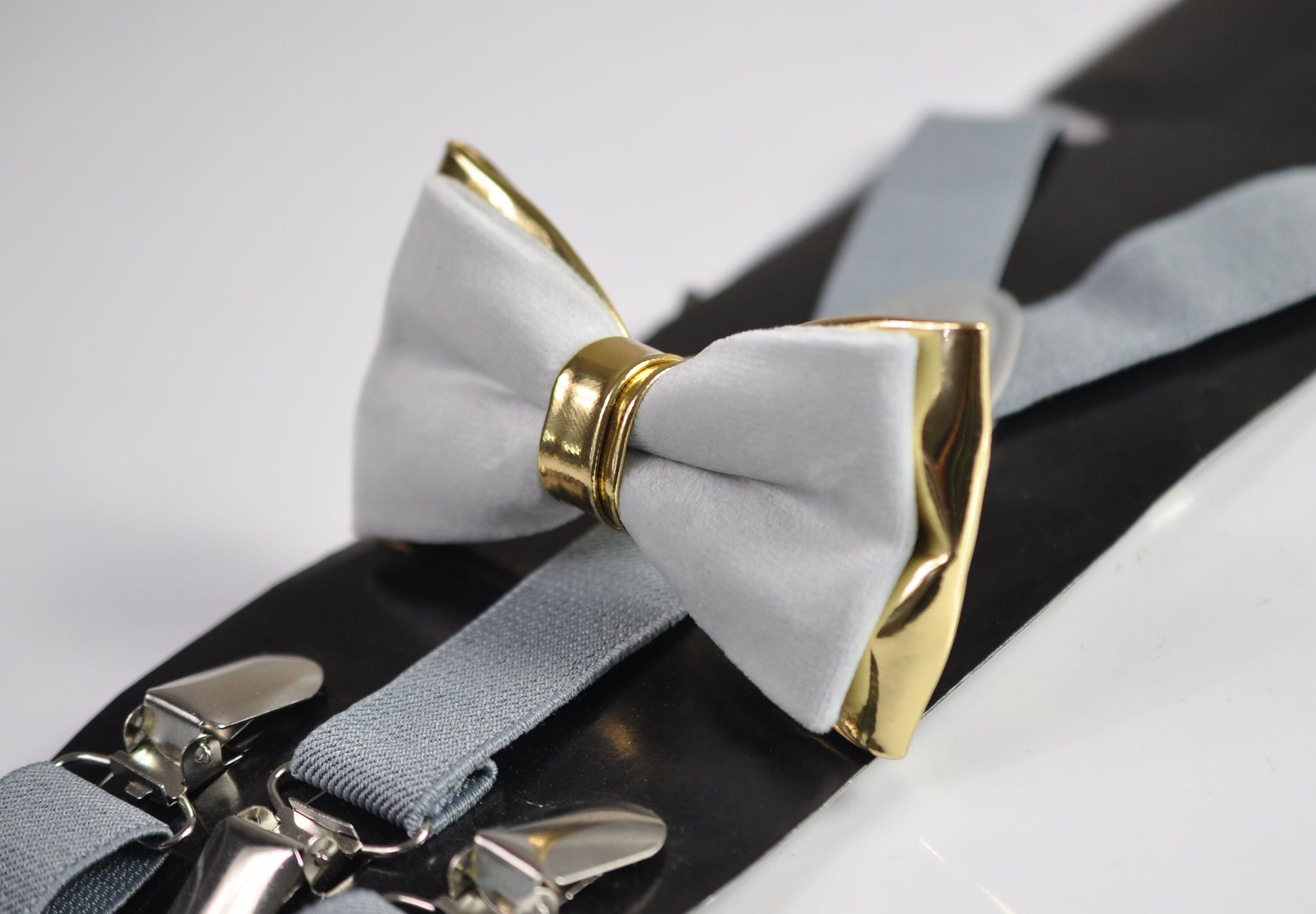 Silver Grey and Gold Faux Leather Bow tie + Light Grey Elastic Suspenders Braces for Men / Youth Teenage / Boy Kids / Baby Infant Toddler