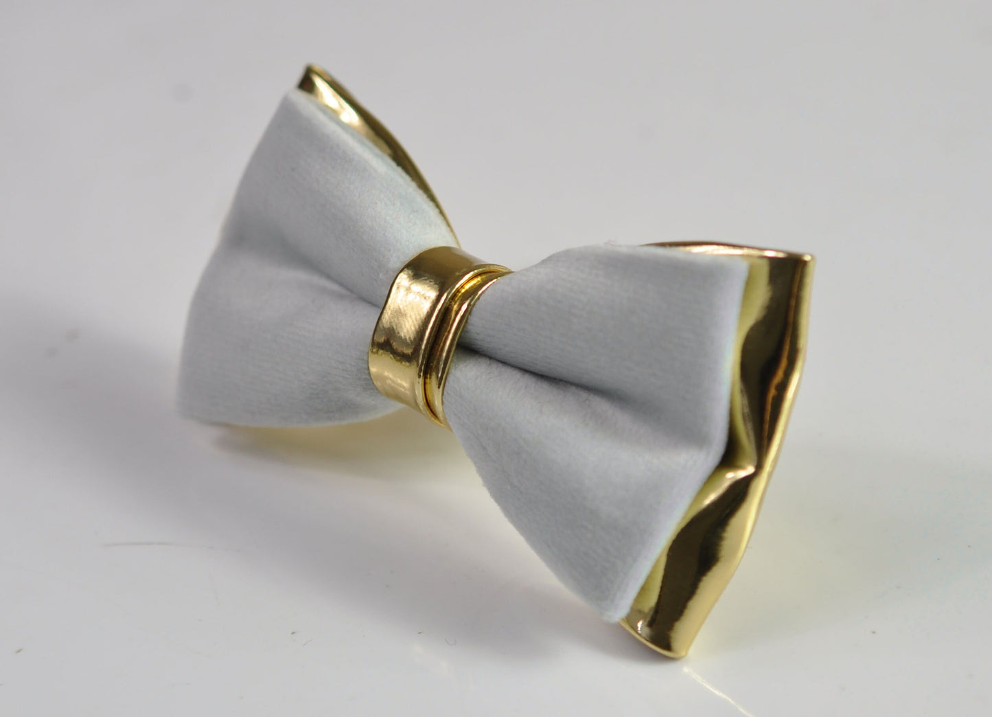 Silver Grey and Gold Faux Leather Bow tie + Light Grey Elastic Suspenders Braces for Men / Youth Teenage / Boy Kids / Baby Infant Toddler