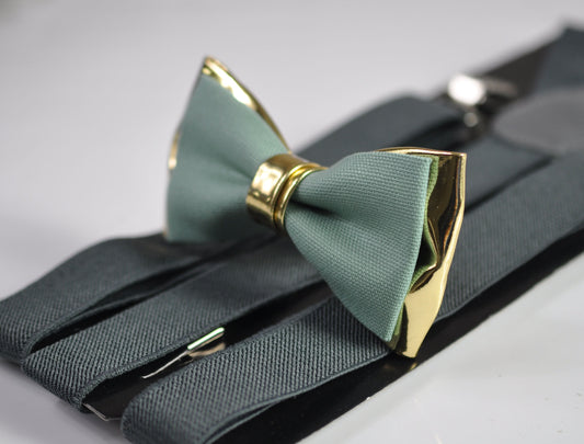 Sage Green Cotton Gold Faux Leather Bow Tie + Grey Gray Elastic Suspenders Braces for Men / Youth Teenage / Boy Kids / Baby Infant Toddler