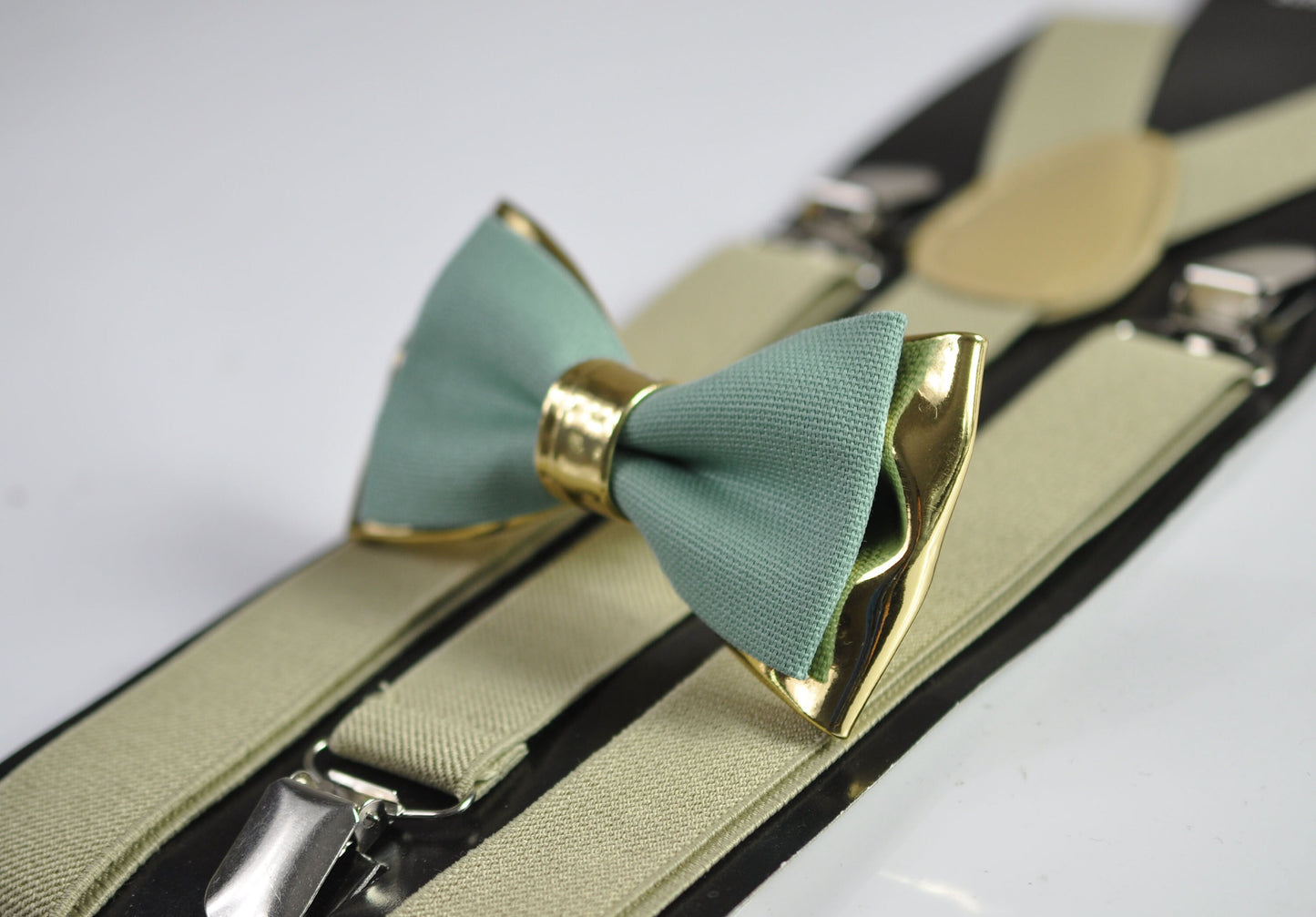 Sage Green Cotton Gold Faux Leather Bow Tie + Beige Khaki Elastic Suspenders Braces for Men / Youth Teenage / Boy Kids / Baby Infant Toddler