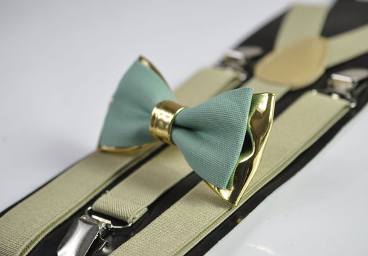 Sage Green Cotton Gold Faux Leather Bow Tie + Beige Khaki Elastic Suspenders Braces for Men / Youth Teenage / Boy Kids / Baby Infant Toddler