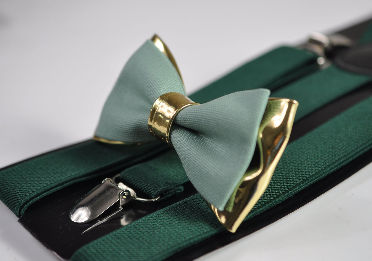 Sage Green Cotton Gold Faux Leather Bow Tie + Emerald Green Elastic Suspenders Braces for Men / Youth / Boy Kids / Baby Infant Toddler