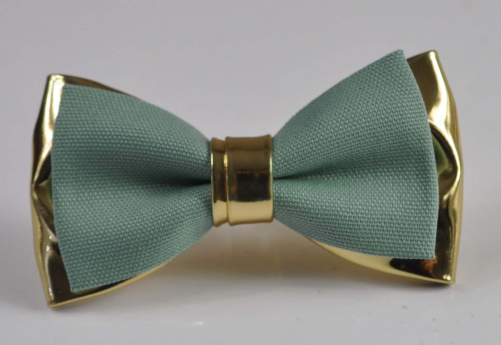 Sage Green Cotton Gold Faux Leather Bow Tie + Emerald Green Elastic Suspenders Braces for Men / Youth / Boy Kids / Baby Infant Toddler
