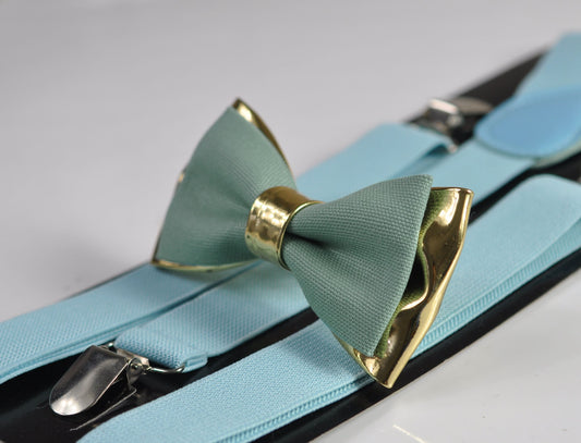 Sage Green Cotton Gold Faux Leather Bow Tie + Light Blue Elastic Suspenders Braces for Men / Youth Teenage / Boy Kids / Baby Infant Toddler