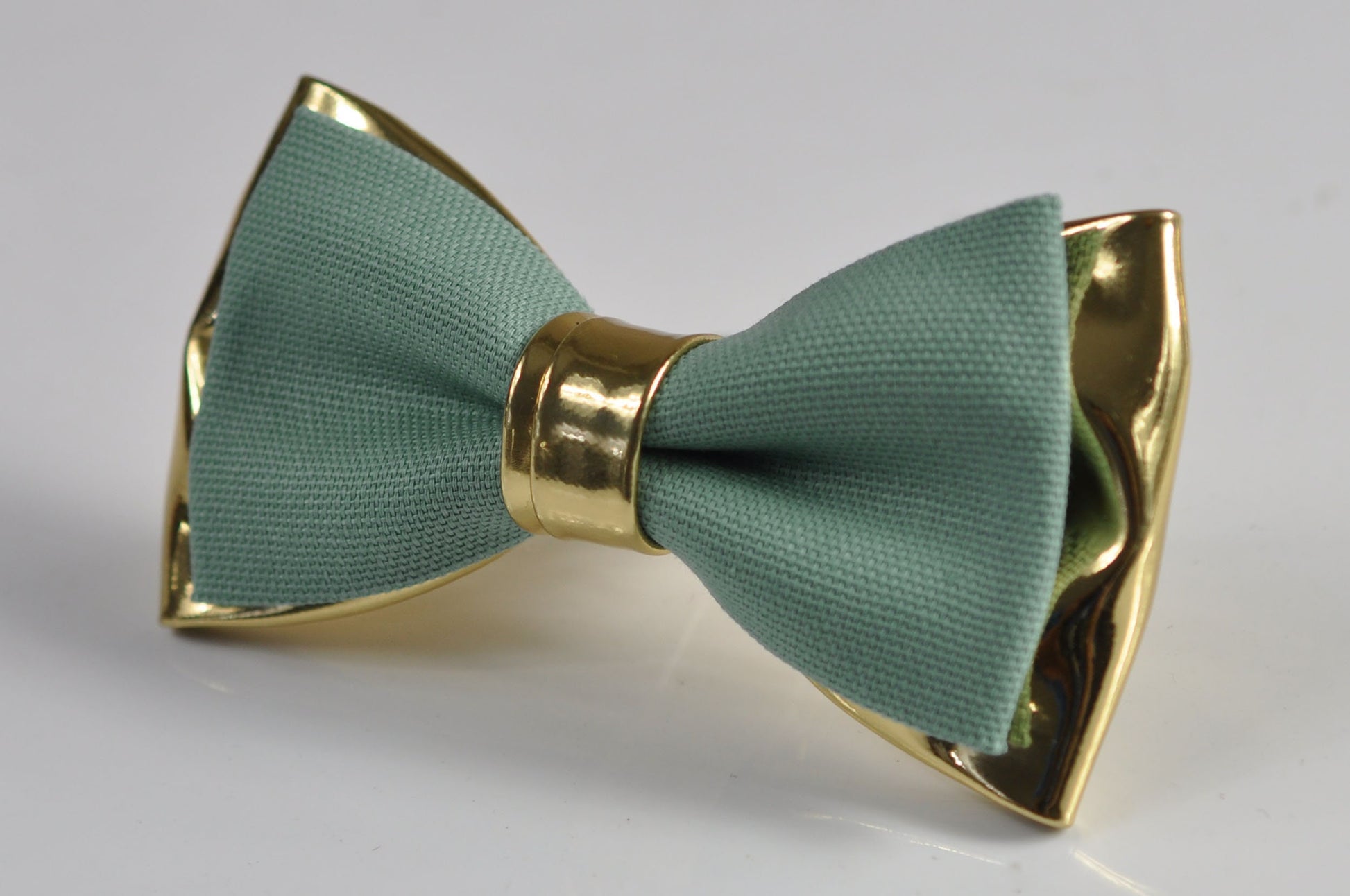 Sage Green Cotton Gold Faux Leather Bow tie + Brown Faux Leather Suspenders Braces for Youth Teenage / Boy Kids / Baby Infant Toddler