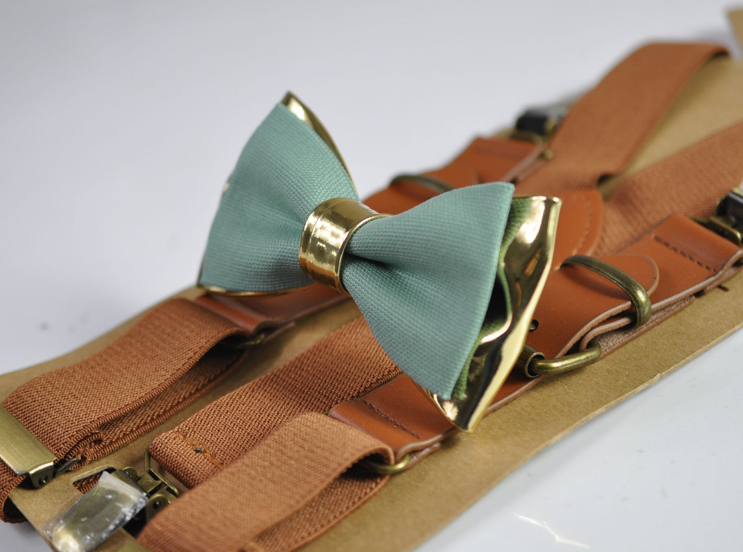 Sage Green Cotton Gold Faux Leather Bow tie + Tan Brown Leather Elastic Suspenders braces for Men / Youth / Boy Kids / Baby Infant Toddler