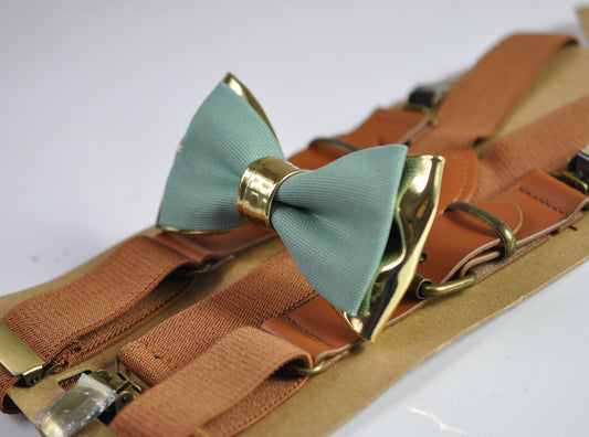 Sage Green Cotton Gold Faux Leather Bow tie + Tan Brown Leather Elastic Suspenders braces for Men / Youth / Boy Kids / Baby Infant Toddler