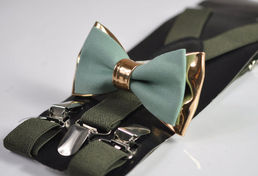 Sage Green Cotton Rose Gold Faux Leather Bow Tie + Army Green Elastic Suspenders Braces for Men / Youth / Boy Kids / Baby Infant Toddler