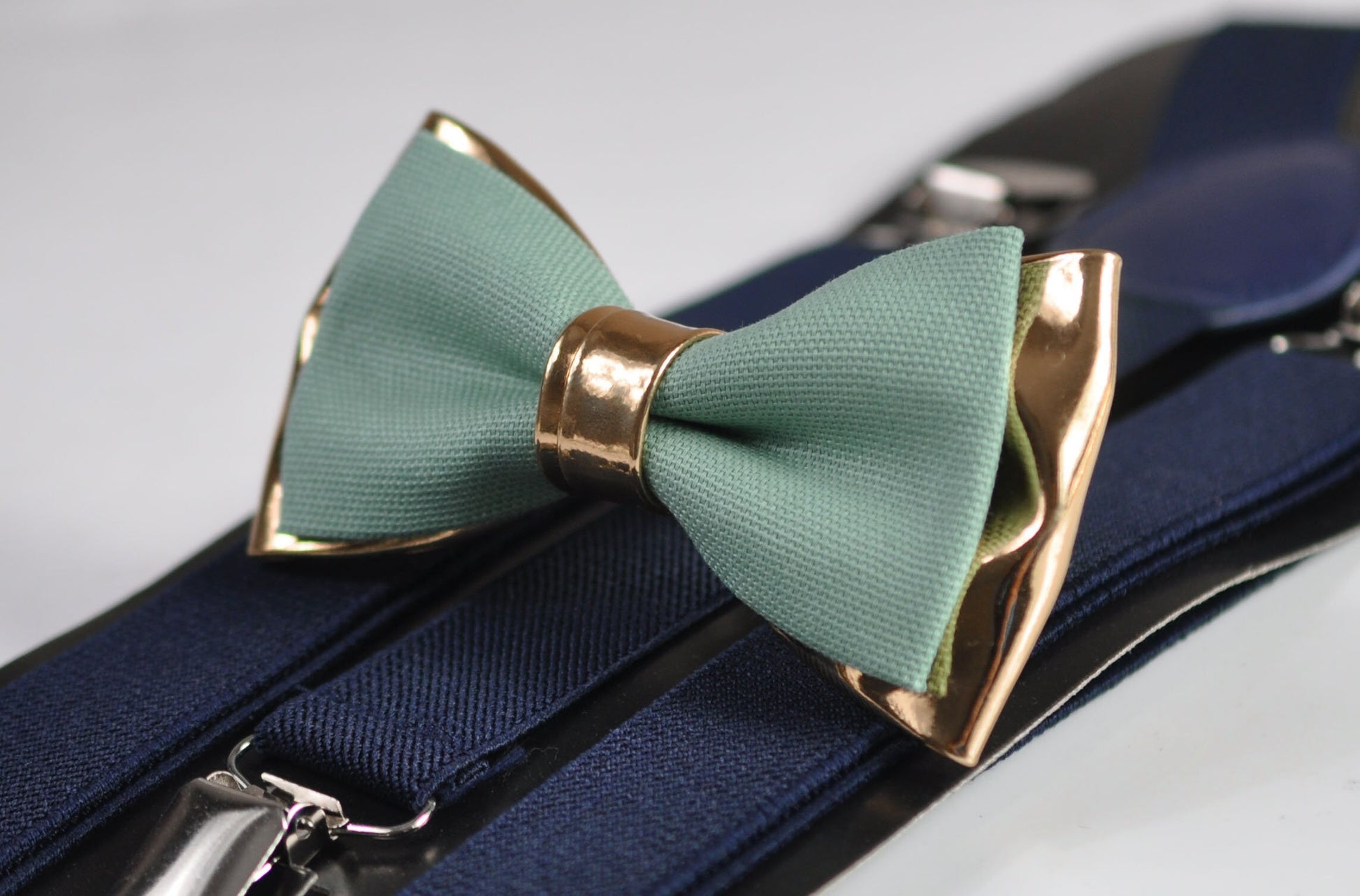 Sage Green Cotton Rose Gold Faux Leather Bow Tie + Navy Blue Elastic Suspenders Braces for Men / Teenage / Boy Kids / Baby Infant Toddler