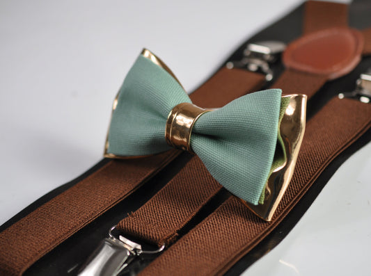 Sage Green Cotton and Rose Gold Faux Leather Bow Tie + BROWN Elastic Suspenders Braces for Men / Teenage / Boy Kid / Baby Infant Toddler