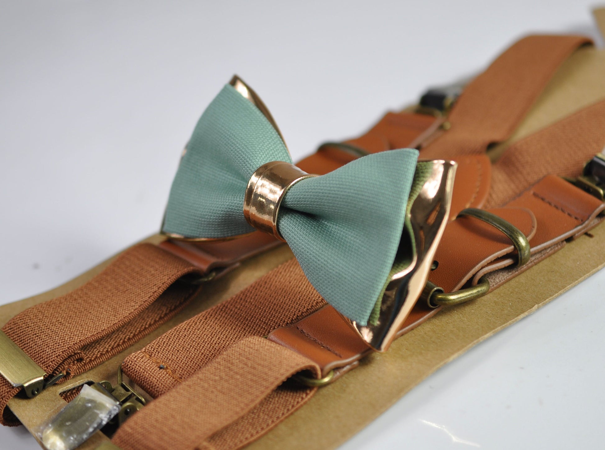 Sage Green Cotton Rose Gold Faux Leather Bow tie + Tan Brown Leather Elastic Suspenders braces Men / Youth / Boy Kids / Baby Infant Toddler