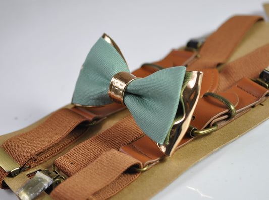 Sage Green Cotton Rose Gold Faux Leather Bow tie + Tan Brown Leather Elastic Suspenders braces Men / Youth / Boy Kids / Baby Infant Toddler