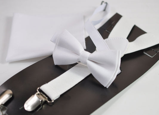 White Solid Cotton Bow tie + Matched Elastic Adjustable Braces Suspenders + POCKET SQUARE for Baby Infant / Boy Kids / Youth / Men