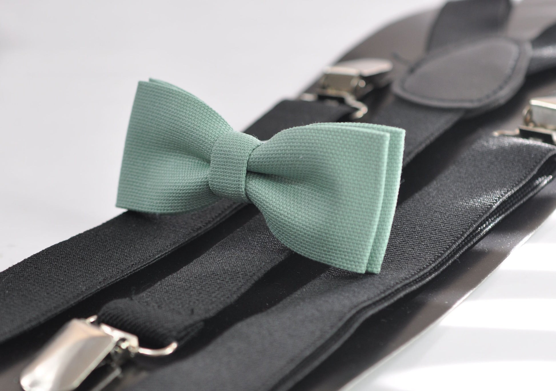 Sage Green Cotton Skinny Narrow Bow Tie + Black Elastic Suspenders Braces for Men / Youth Teenage / Boy Kids / Baby Infant Toddler