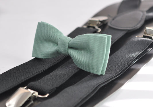 Sage Green Cotton Skinny Narrow Bow Tie + Black Elastic Suspenders Braces for Men / Youth Teenage / Boy Kids / Baby Infant Toddler