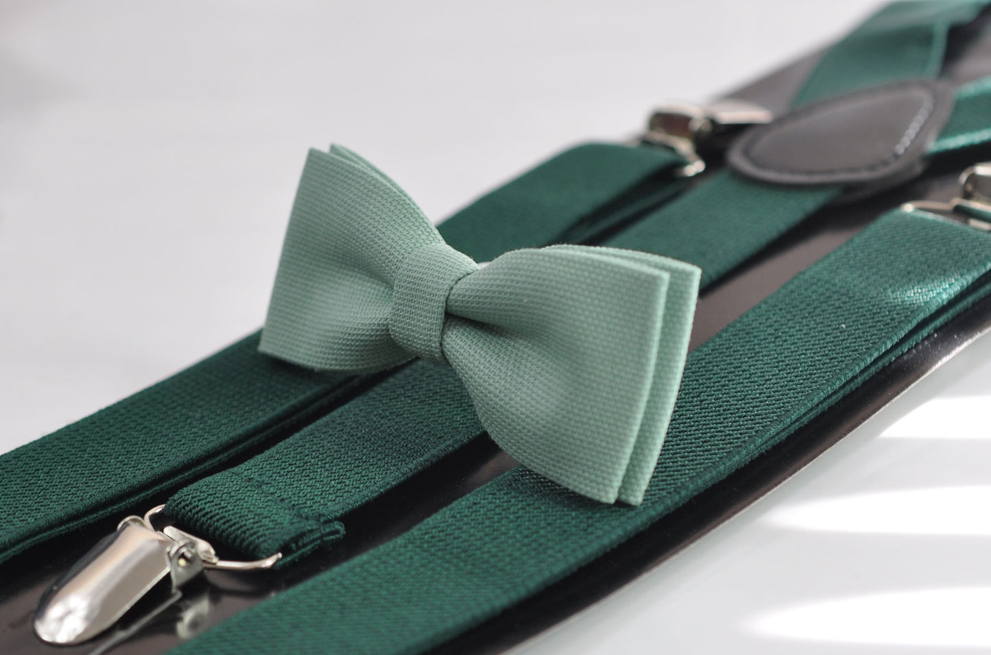 Sage Green Cotton Skinny Narrow Bow tie + Hunter Emerald Green Elastic Suspenders Braces for Men / Teenage / Boy Kids / Baby Infant Toddler