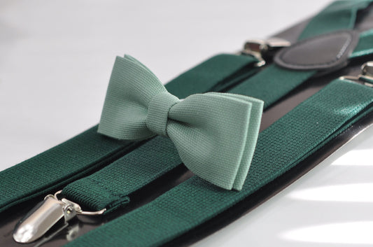 Sage Green Cotton Skinny Narrow Bow tie + Hunter Emerald Green Elastic Suspenders Braces for Men / Teenage / Boy Kids / Baby Infant Toddler