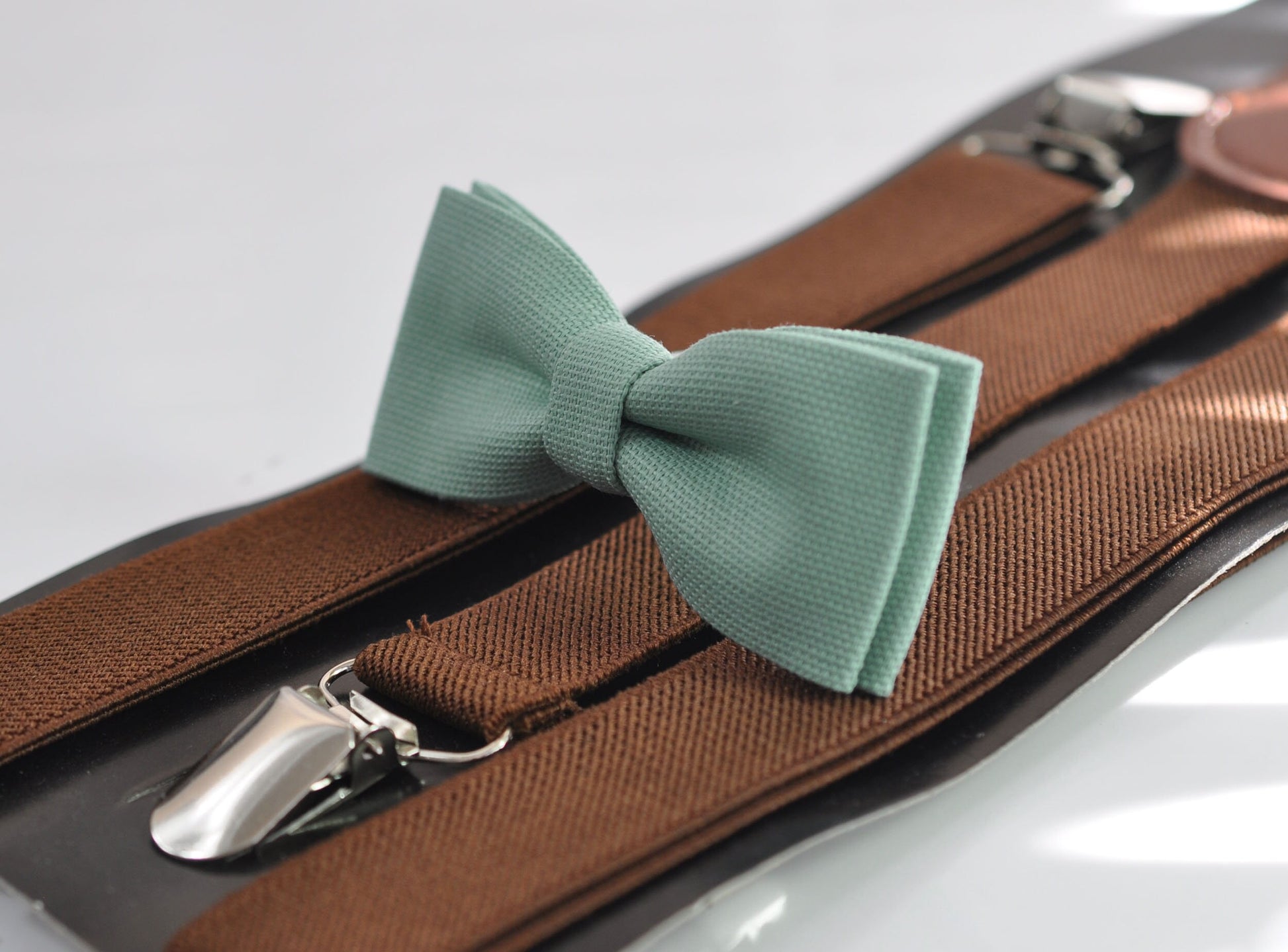 Sage Green Cotton Skinny Narrow Bow tie + Brown Elastic Suspenders Braces for Men Adult / Teenage Youth / Boy Kids / Baby Infant Toddler