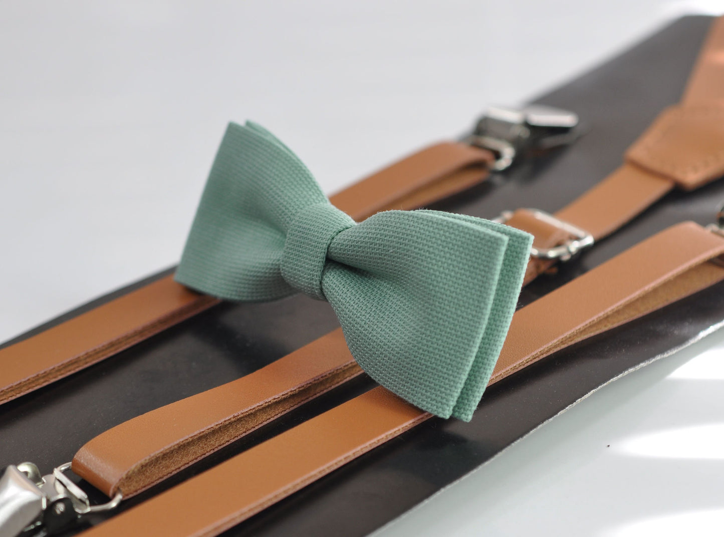 Sage Green Cotton Skinny Narrow Bow Tie + Tan Brown Skinny Faux Leather Suspenders Braces for Youth Teenage / Boy Kids / Baby Infant Toddler