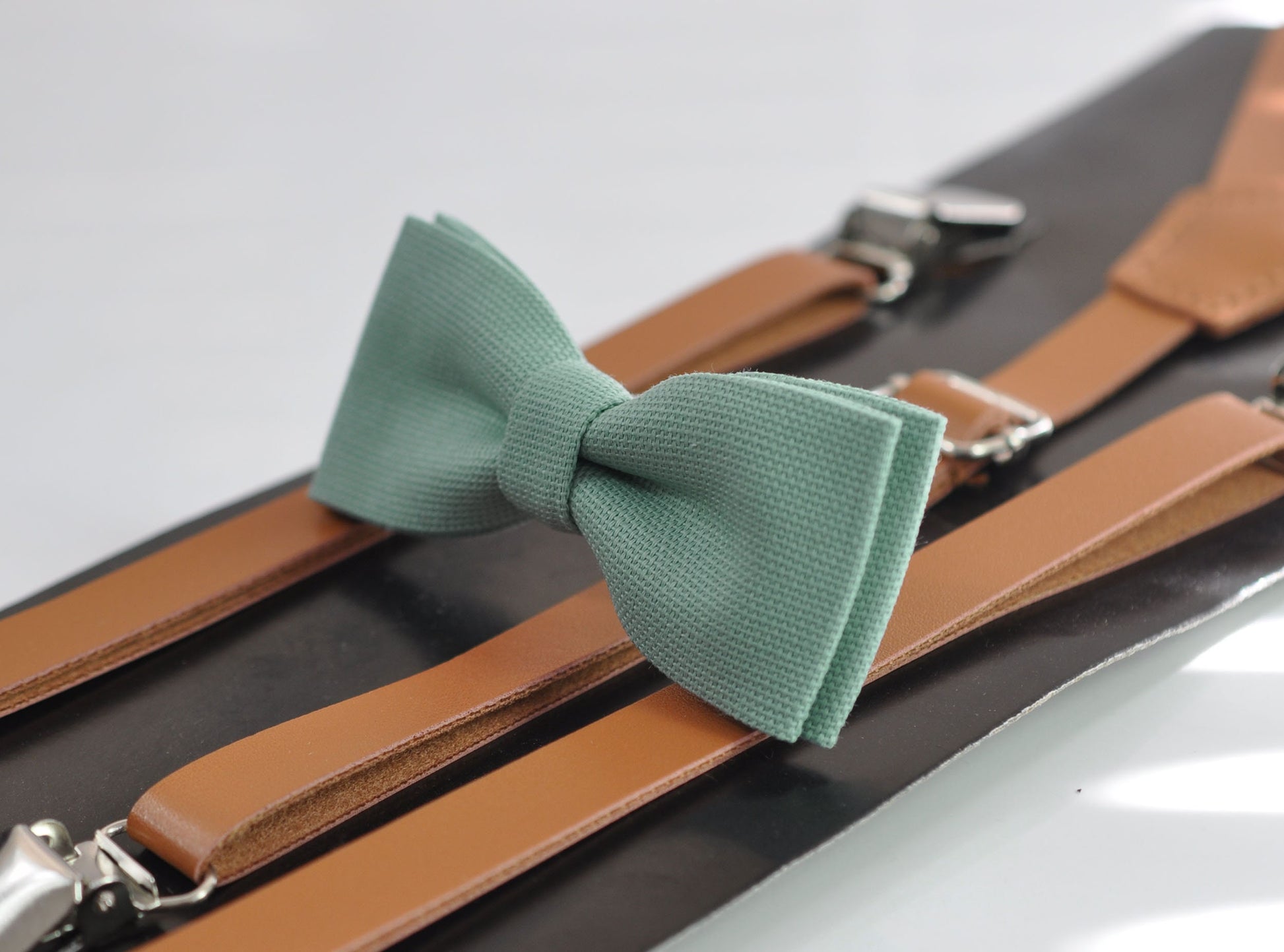 Sage Green Cotton Skinny Narrow Bow Tie + Tan Brown Skinny Faux Leather Suspenders Braces for Youth Teenage / Boy Kids / Baby Infant Toddler