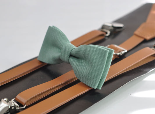 Sage Green Cotton Skinny Narrow Bow Tie + Tan Brown Skinny Faux Leather Suspenders Braces for Youth Teenage / Boy Kids / Baby Infant Toddler