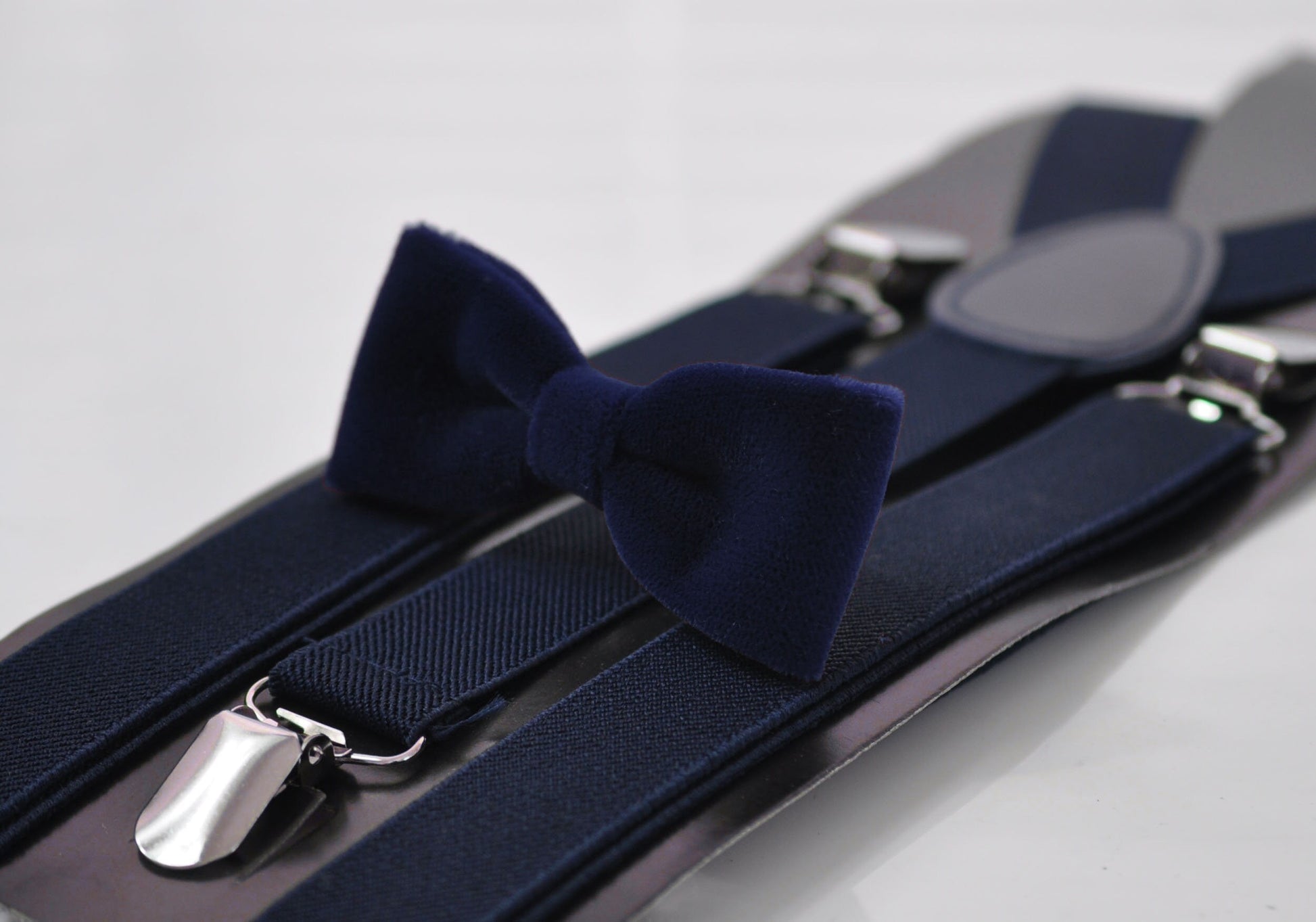 Navy Blue Skinny Narrow Bow tie Bowtie + Black Elastic Suspenders Braces for Men / Youth Teenage / Boy Kids / Baby Infant Toddler