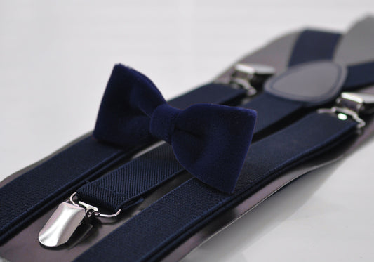 Navy Blue Skinny Narrow Bow tie Bowtie + Black Elastic Suspenders Braces for Men / Youth Teenage / Boy Kids / Baby Infant Toddler