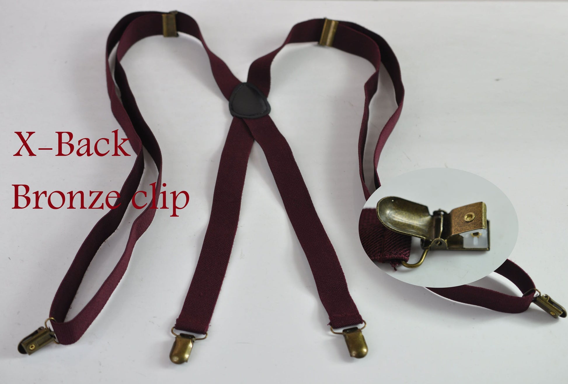 Men Women Burgundy Wine Red 25mm Wide X-Back 4 Bronze Metal Clips Pants Adjustable Elastic Suspenders Braces Fits Height 150cm to 210cm