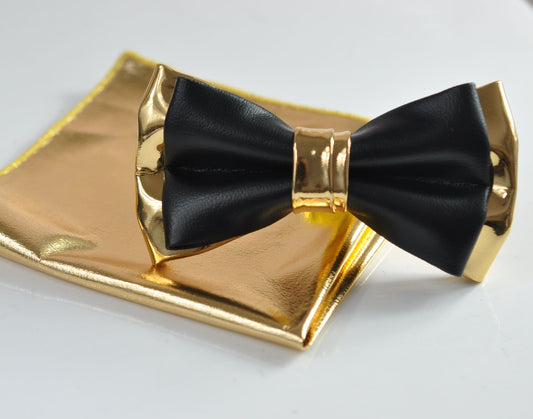 Black Gold Faux Leather Bow tie + Matched Gold Soft Leather Look Pocket Square Formal Hanky Handkerchief Men Women Unisex