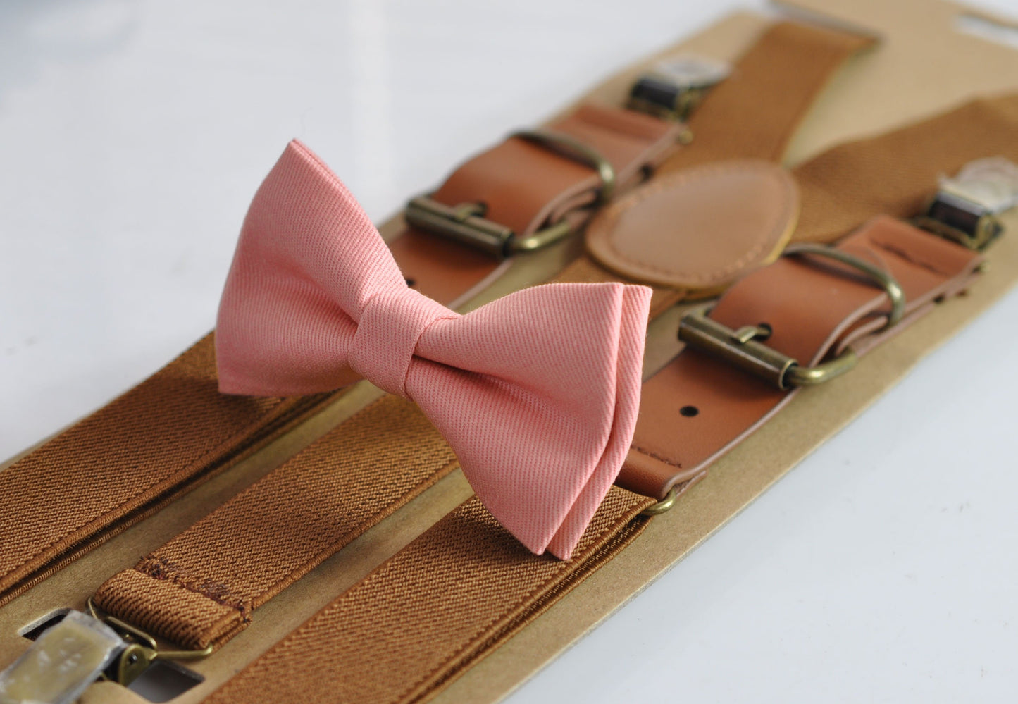 Dusty Dusky Pink Blush Bow tie + Toffee Brown Elastic Faux Leather Suspenders Braces for Baby infant Toddler / Boy Kids / Youth / Adult Men