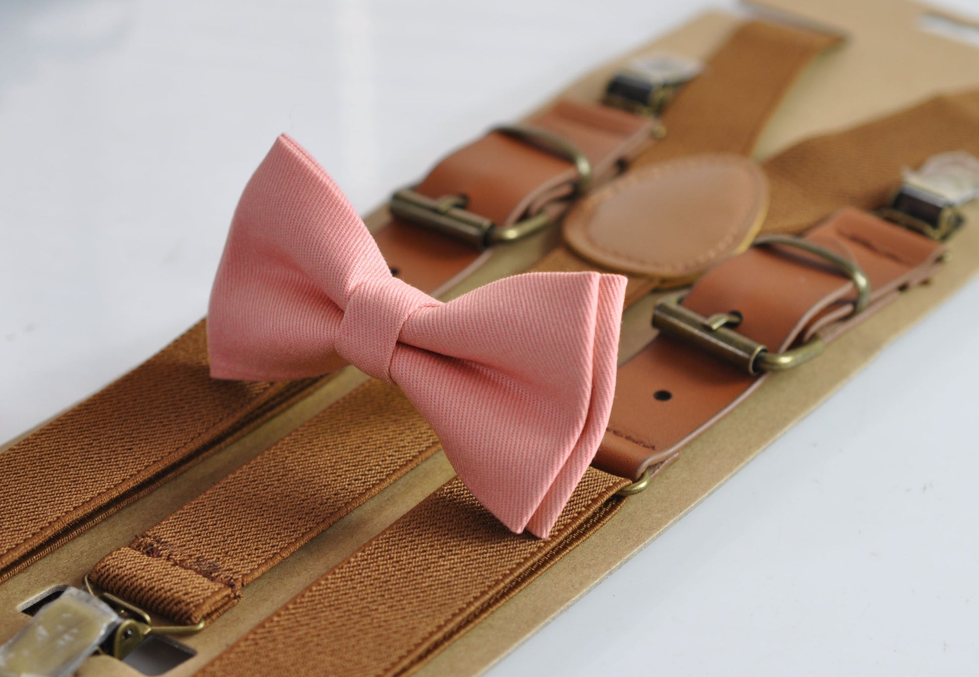 Dusty Dusky Pink Blush Bow tie + Toffee Brown Elastic Faux Leather Suspenders Braces for Baby infant Toddler / Boy Kids / Youth / Adult Men