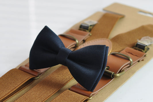 Dark Navy Blue Cotton Bow tie + Toffee Brown Elastic Faux Leather Suspenders Braces for Baby infant Toddler / Boy Kids / Youth / Adult Men