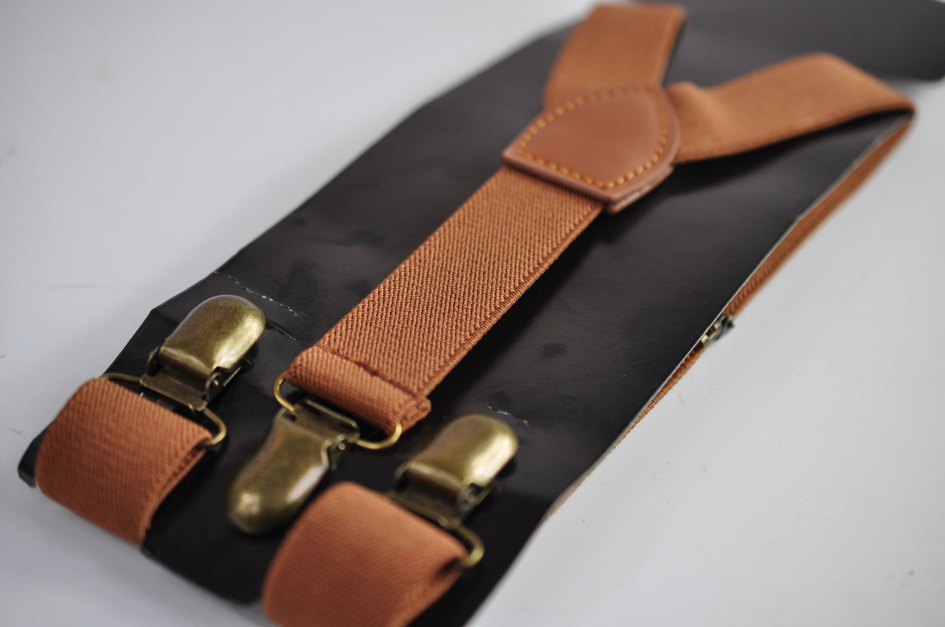 Tan Brown 25MM Elastic Y-Back Suspenders Braces Bronze Metal Clips for Men Adult / Youth Teenage / Kids Boy /Toddler Baby Infant