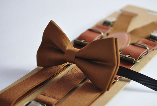 Toffee Brown Cotton Bow tie + Matched Elastic Faux Leather Suspenders Braces for Baby infant Toddler / Boy Kids / Youth Teenage / Adult Men