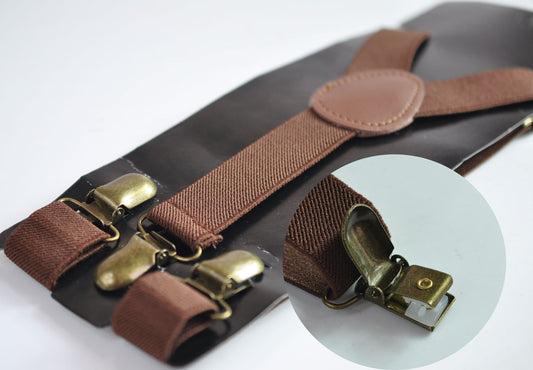 Brown 25MM Elastic Y-Back Suspenders Braces Bronze Metal Clips for Men Adult / Youth Teenage / Kids Boy /Toddler Baby Infant