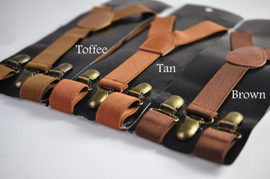 Toffee Tan Brown 25MM Elastic Y-Back Suspenders Braces Bronze Metal Clips for Men Adult / Youth Teenage / Kids Boy /Toddler Baby Infant