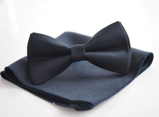 Dark Navy blue Cotton Handmade Bow Tie Bowtie matched pocket Square Hanky Handkerchief For Men / Youth / Boy Kids / Baby toddler