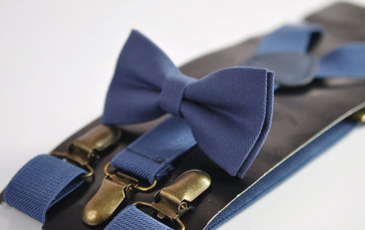 Sapphire Yale Steel Blue COTTON Bow tie + Matched Elastic Suspenders Braces for Baby infant Toddler/ Kids Boy / Youth Teenage / Men