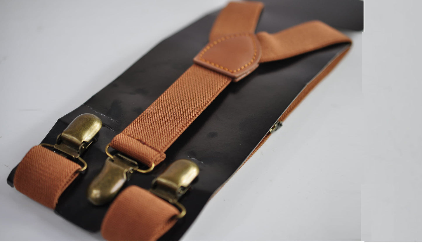 Black Velvet Rose Gold Leather Bow tie + Tan Brown Elastic Suspenders Braces Men / Youth / Boys Kids / Baby Infant Toddler