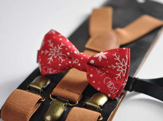 White Snowflake Red Christmas Xmas Cotton Bow tie + Tan Brown Elastic Suspenders Braces for Men / Youth / Boys Kids / Baby Infant Toddler