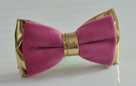 Candy Hot Pink Rose Pink Velvet + Gold Golden Faux Leather Pre tied Bow tie Bowtie for Men Adult / Youth Teenage / Boy Kids / Baby Infant